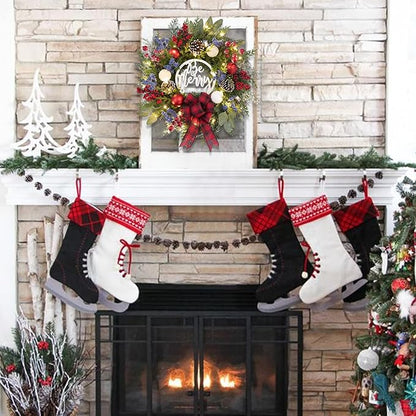 Prelit Christmas Wreath for Front Door Outside,22 inch Be Merry Wreath with red Black tarten Plaid Bow,Lighted Farmhouse Christmas decoration-30 LED Light/Timer,Winter Door Wreath, Porch Decor