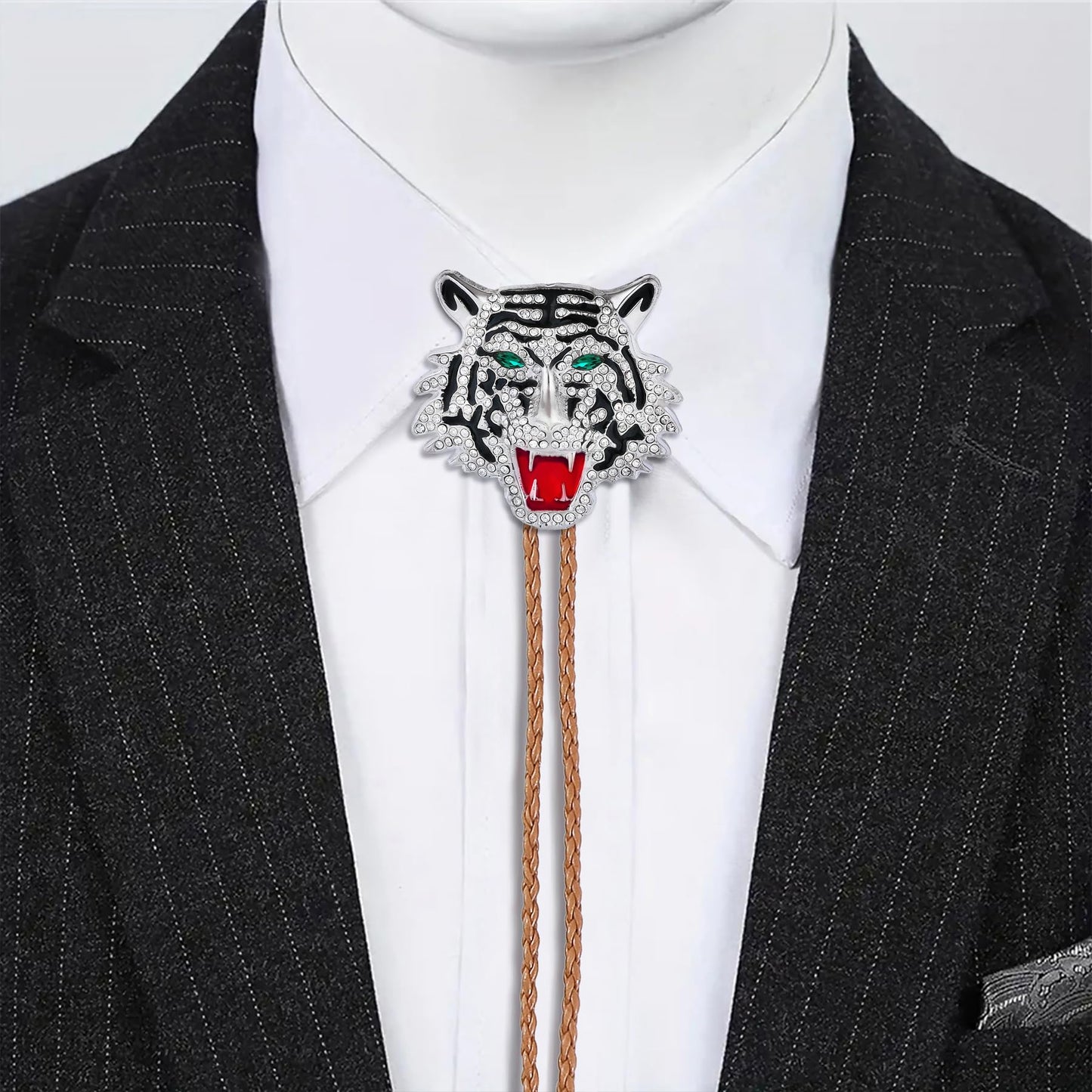 GelConnie Bolo Tie for Men - Crystal Tiger Head Bolo Tie for Men - Brown Leather Cord Western Cowboy Rhinestone Animal Bola Ties