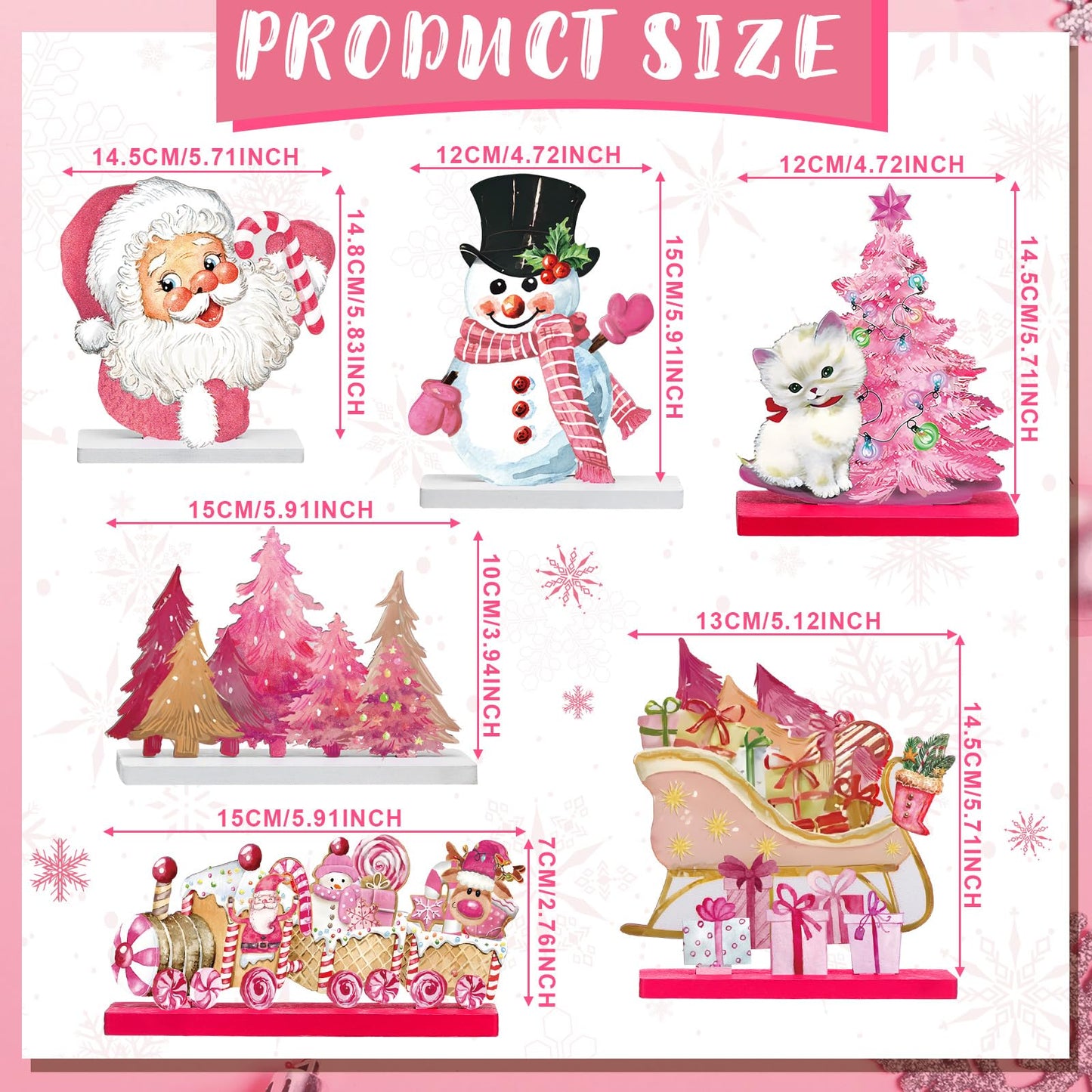 Wonderjune 6 Pcs Christmas Table Decorations Pink Wooden Christmas Table Centerpieces Pink Xmas Decor Snowman Santa Claus Tabletop Sign Merry Xmas Ornament for Holiday Party Supplies