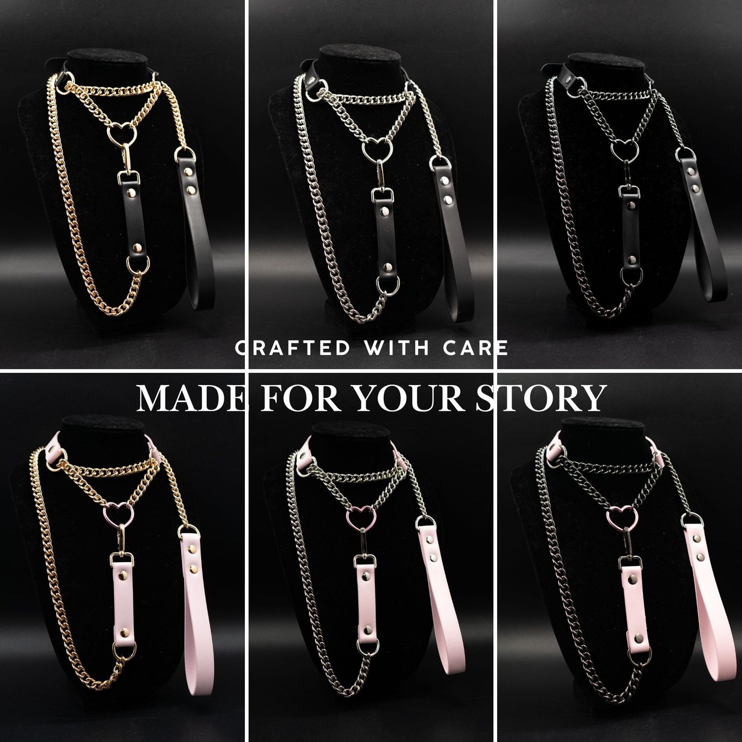 ADEMISHIA Heart O-ring Leather Choker Necklace For Women, Punk Gothic Black/Pink Slip Chain Necklace with Vegan Leather Swivel Clasp