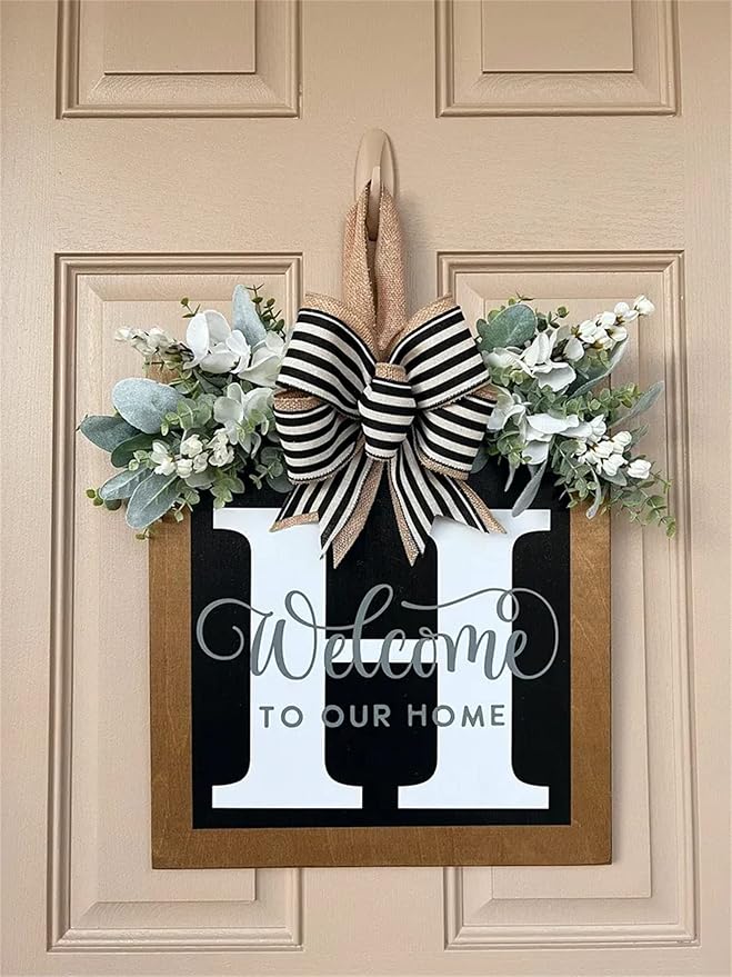16'' Personalized Last Name Welcome Sign, Door Wreaths for Front Door Outside, Spring Wreath for Front Door Decor, Farmhouse New Home Gifts for Home (H)