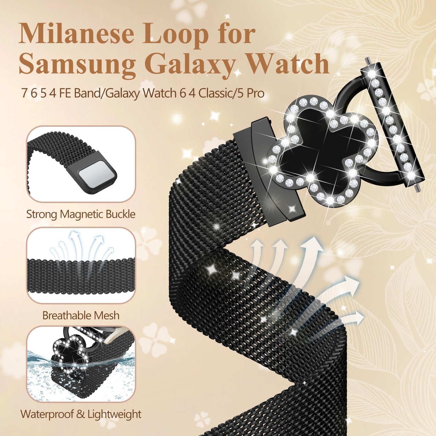 Slim Metal Bands for Samsung Galaxy Watch 7 Band 40mm 44mm,Galaxy Watch 6 5 4 FE Band/5 Pro/6 4 Classic/Active 2,20mm Milanese Magnetic Strap Dressy Wristband for Samsung Watch Bands for Women