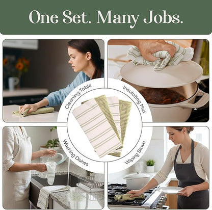 MosJos Kitchen Towels, Cotton Hand Towels, Sage Green and Cream Ribbed