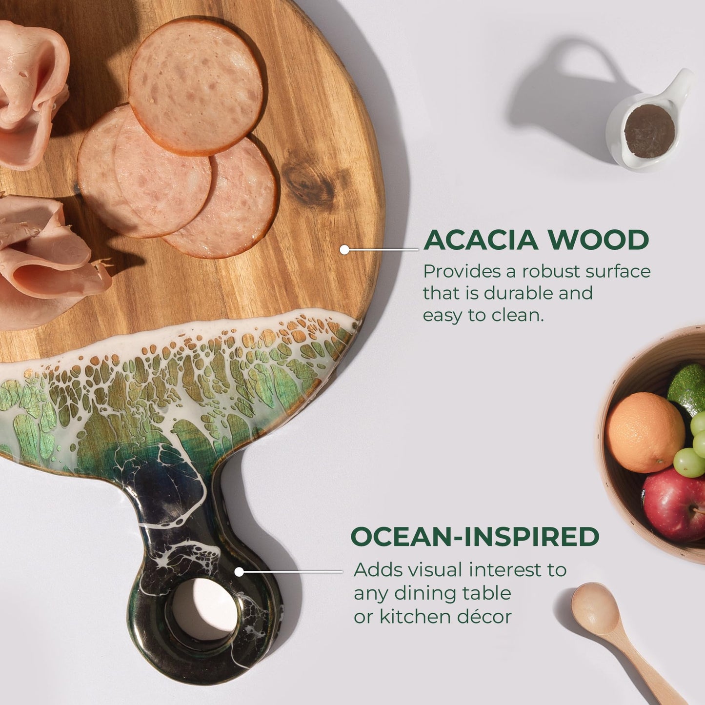 VWOOX Acacia Wood Serving Board with Ocean Resin Art, 18.1" x 13" Charcuterie Cheese Tray for Display & Prep, Cutting Board on Back, Includes Stand & Loofah, Christmas Housewarming Gift (Round)