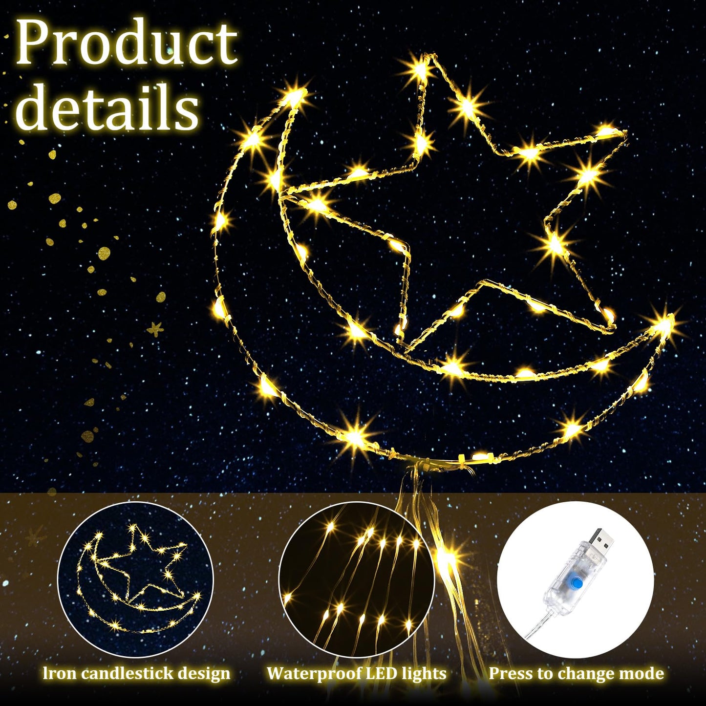 Glooglitter Ramadan Mubarak Eid Moon Star Lights Outdoor Decor 11.5ft Warm LED Waterfall Lights Extension Cord USB Powered for Tree Outside Yard Garden Patio Wall Porch Decorations