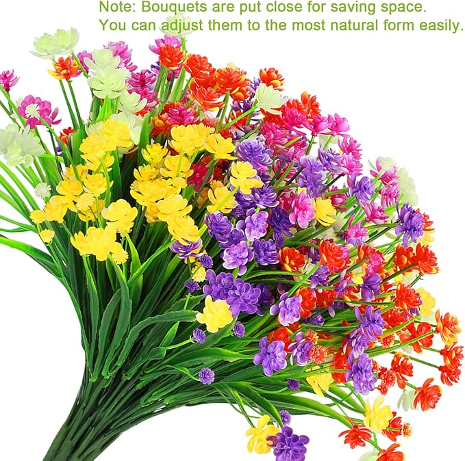 10 Bundles Artificial Flowers, Outdoor Gypsophila Baby's Breath Fake Flowers, UV Resistant Faux Greenery Shrubs Hanging Plants for Home Wedding Garden Porch Window Decoration (Long Leaves)