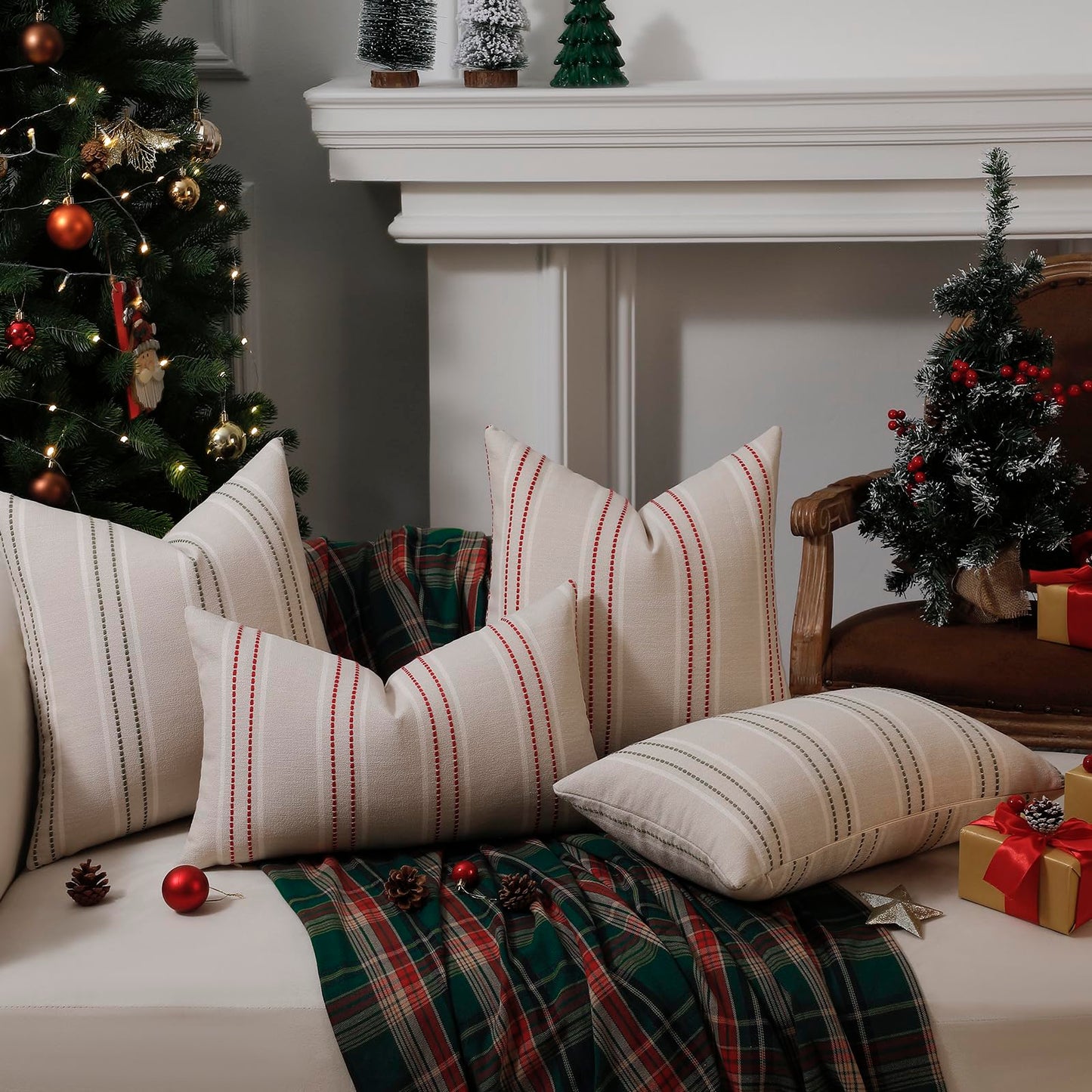 Hckot Christmas Pillow Covers 18x18 Set of 2 Red Striped Throw Pillow Covers Linen Decorative Pillows Square Cushion Covers for Sofa Couch Bed Living Room Xmas Winter Decorations(Red)