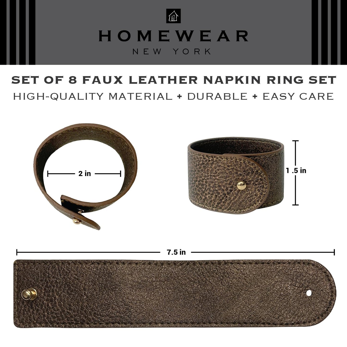 Homewear Luxury Leather Napkin Rings Set of 8, Bronze, Morgan Faux Style, Modern Cuff Design for Wedding Party Decorations, Kitchen, Holiday Table,Rust Proof,Hotel, Home, Table Accessories, Dining