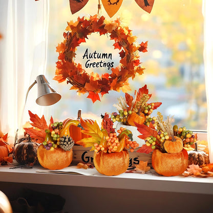 Artmag Set of 6 Artificial Pumpkins Decorations, Decorative Fabric Orange Pumpkin with Maple Berry Acorn Pine Cone Vegetables for Fall Thanksgiving Harvest Party Home Tabletop