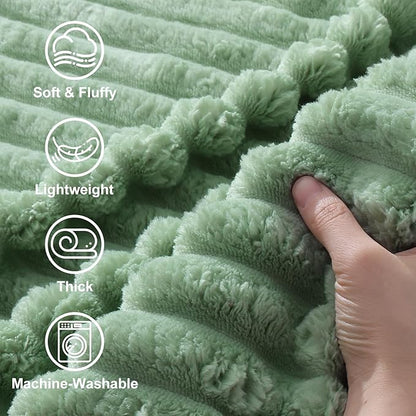 decorUhome Soft Fleece Sage Green Blanket Queen Size for Bed, Cozy Fluffy Plush Flannel Large Striped Throws for Couch Sofa, Lightweight Decorative Fuzzy Blanket for Woman, 90x90 Inches