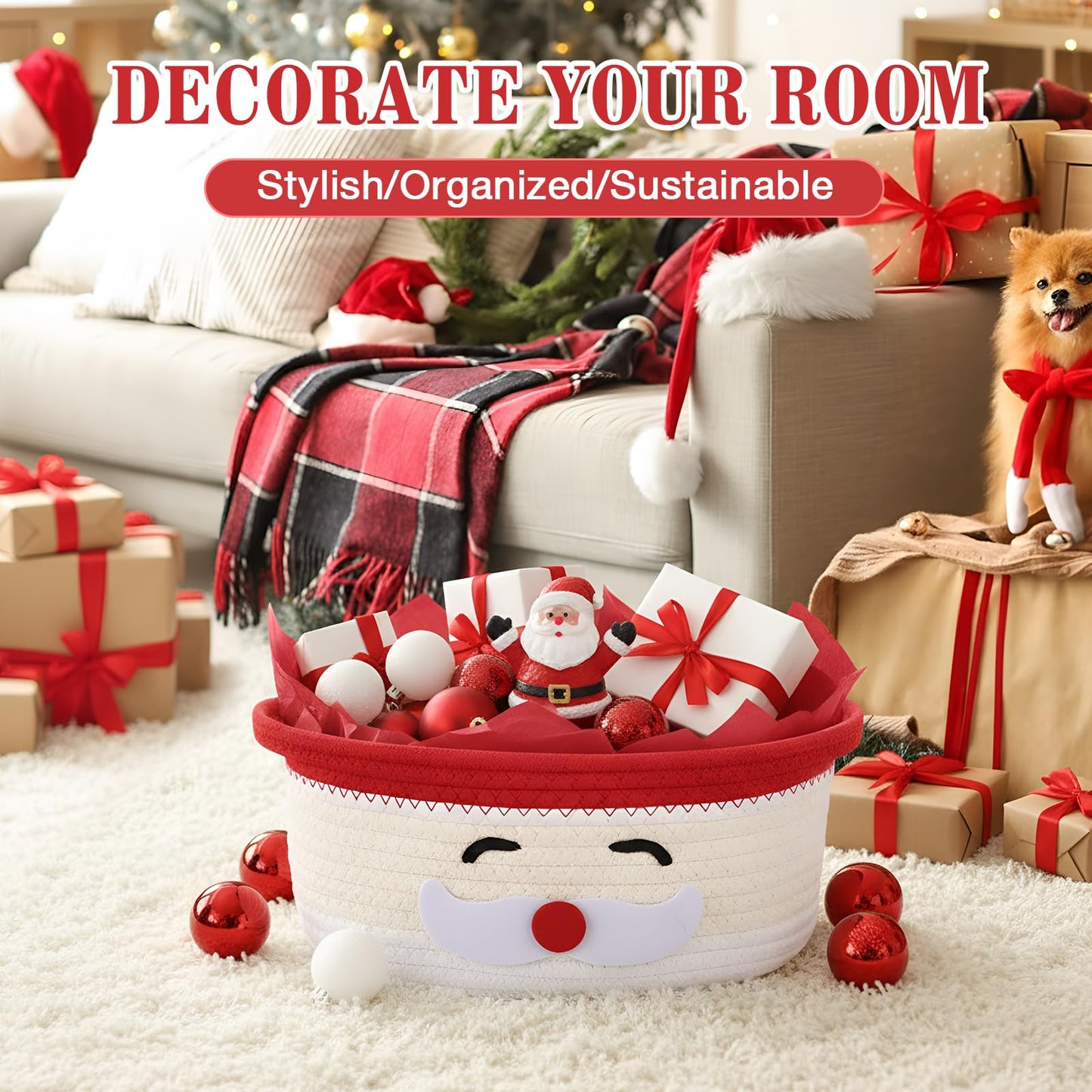 Zopeal Christmas Woven Basket with Gift Bag, Ribbon and Red Tissue Paper Santa Emoticon Woven Storage Bin Empty Basket Holiday Decorative for Xmas Gifts, 12 x 8 x 5 inch