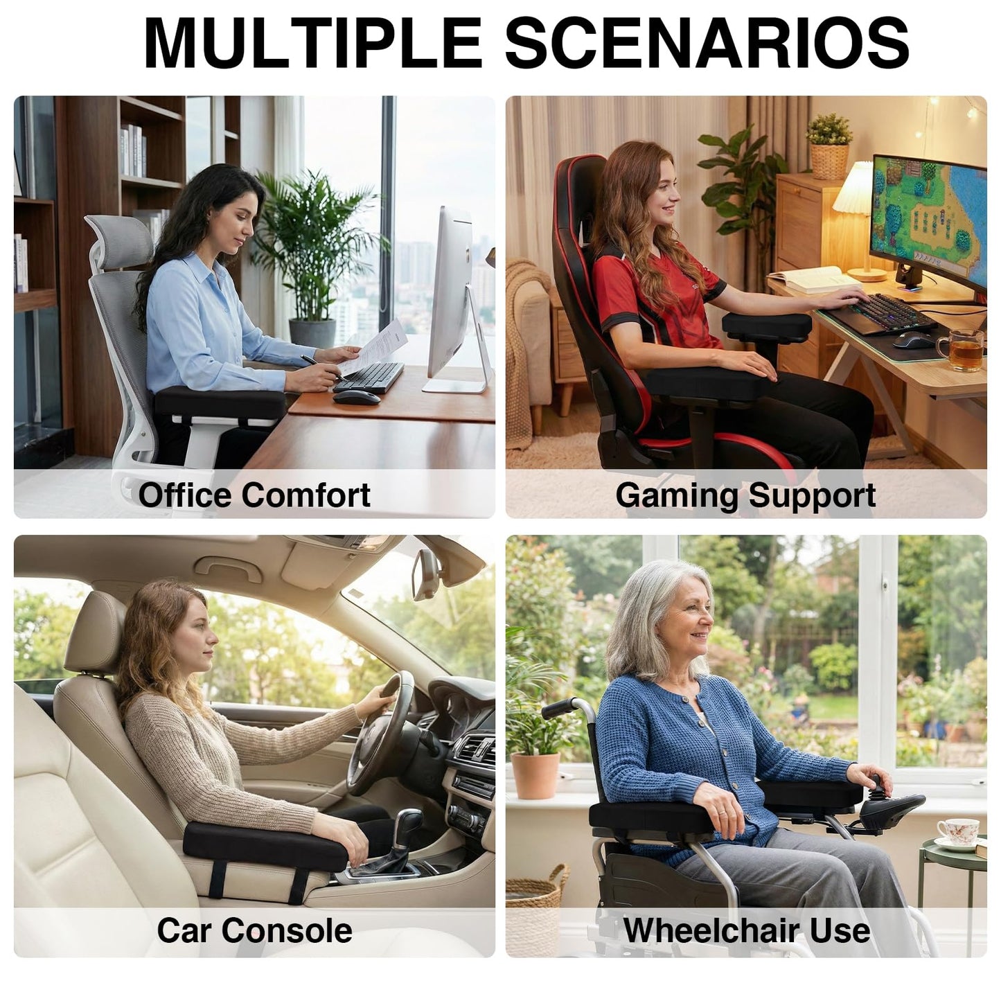 Smiry Ergonomic Office Chair Armrest Pads, Memory Foam Arm Rest Covers, Non-Slip Armrest Cushion with Adjustable Buckles and Straps, Elbow Relief for Desk, Gaming & Wheelchair (Black, Set of 2)