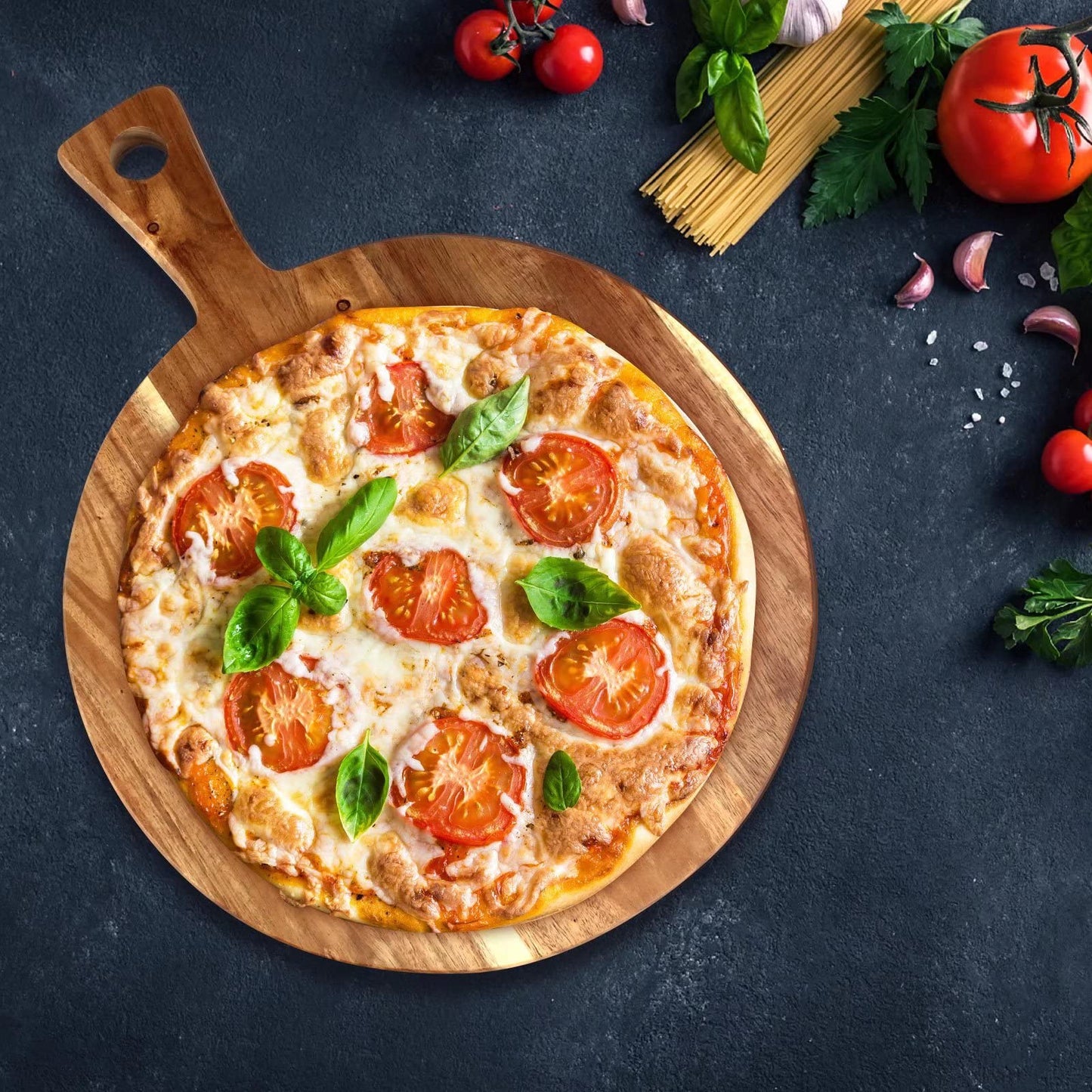 Acacia Wood Cutting Board with Handle Wooden Chopping Board Round Cutting Boards for Kitchen Decor Large Charcuterie Board Tray Teak Meat Cheese Board Bread Serving Platter Butcher Block Pizza Board