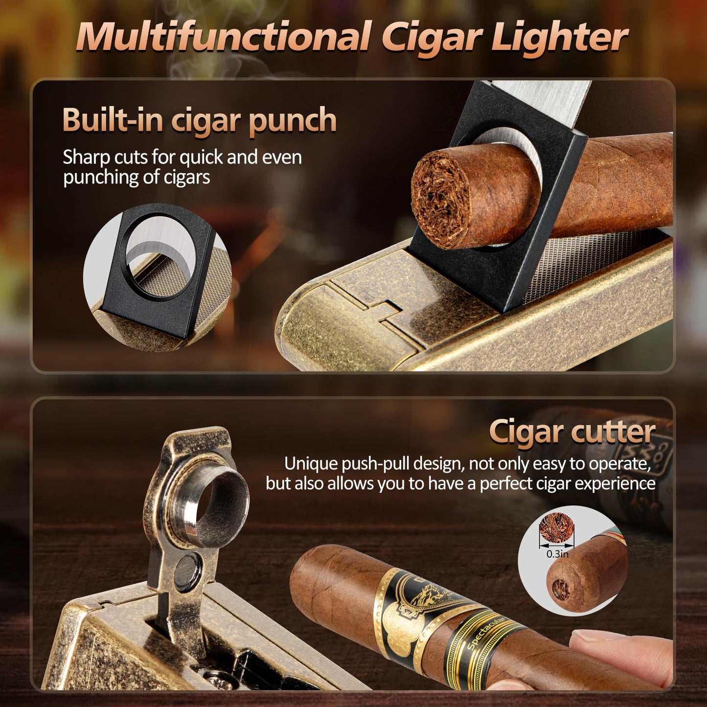 Usewire Cigar Humidor, Leather Cigar Case with Cigar Lighter, Built-in Straight Cigar Cutter and Cigar Punch, Travel Cigar Humidor with Humidifier and Cedar Tray, Cigar Accessories Set for Men