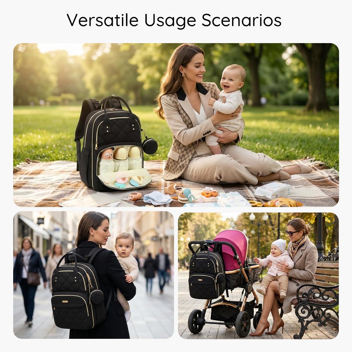 ViveVoy Diaper Bag Backpack, Large 26L Baby Bag with Portable Changing Pad & Pacifier Case, Waterproof Quilted Maternity Backpack for Mom and Dad, Travel Essentials with Insulated Pockets, Pink