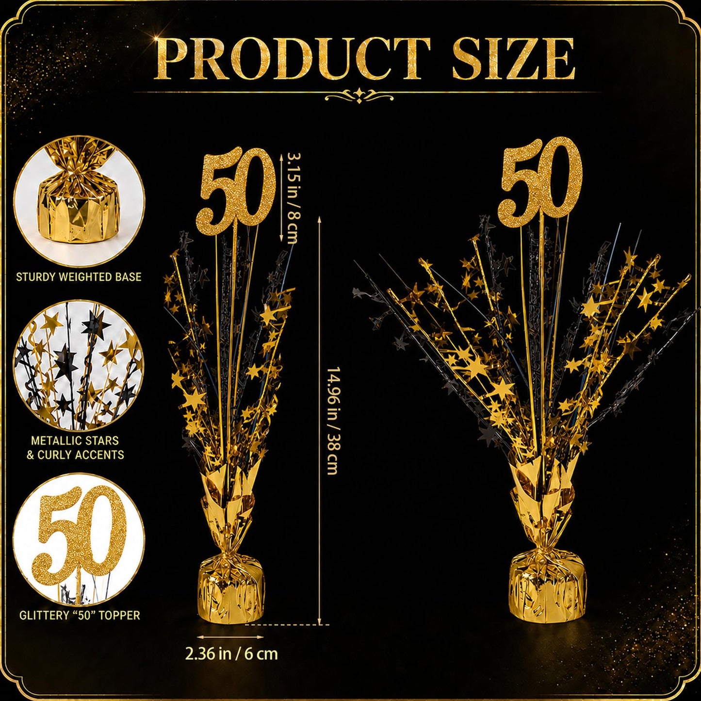 APUDWN 6 Pcs 50th Black and Gold Birthday Table Decorations Metallic Foil Spray Table Centerpiece Black Gold Number Star Burst Centerpiece for Birthday Wedding Anniversary Reunion Party Decor