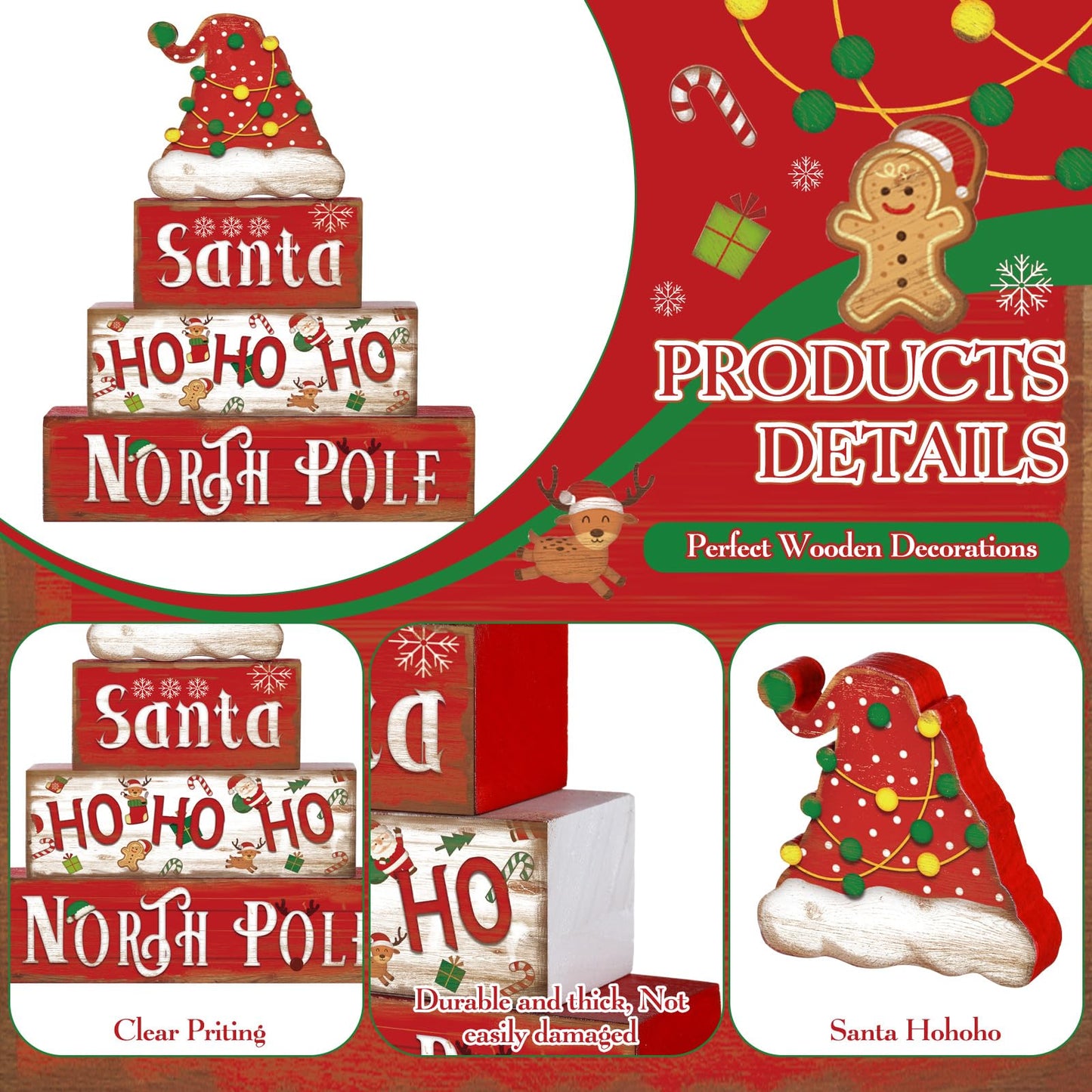 Moucuny 4 Pcs Christmas Table Sign Christmas Hat Wooden Decorative Signage Xmas Tiered Tray Decor Winter Centerpieces Farmhouse Wooden Block Set Xmas Table Sign for Home