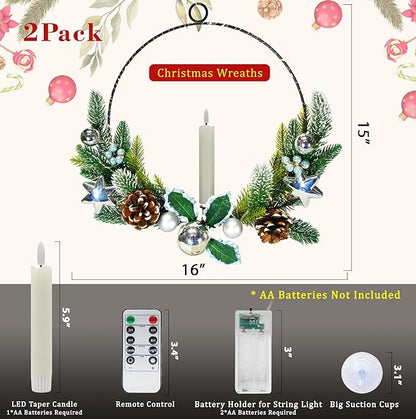 2Pack Christmas Wreaths for Front Door with Lights & Flickering LED Taper Candles & Remote, 16'' Windows Wreaths, Fireplace Christmas Decorations - Silver