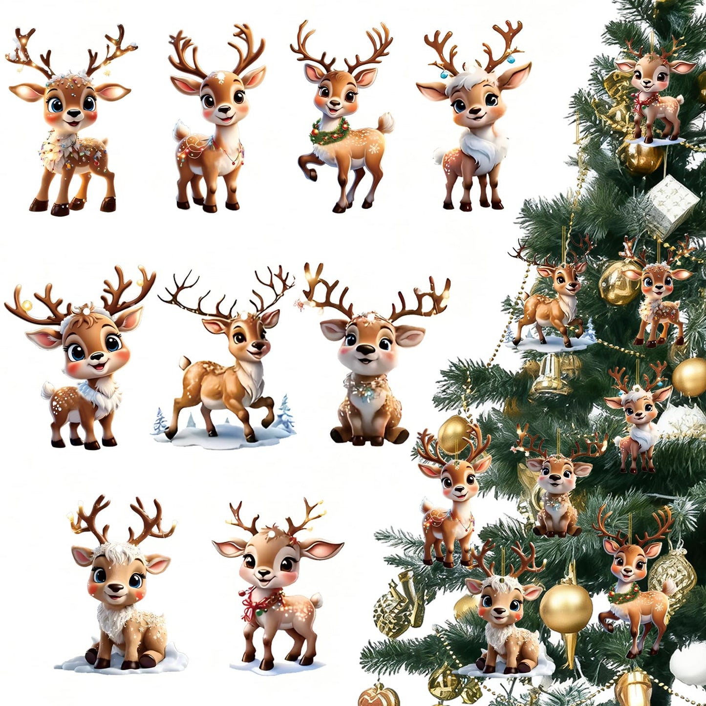 Christmas Tree Ornament Decoration,9Pcs Christmas Tree Acrylic Pendant, Cute Reindeer Xmas Tree Accessories Christmas Pendants Hanging, Fun Reindeer Christmas Ornament