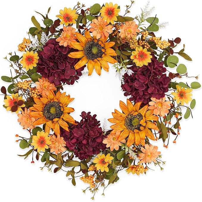 Sunflower Wreaths for Front Door, 24'' Autumn Wreath with Sunflower Hydrangeas & Leaves for Porch Window, Halloween Thanksgiving Wreaths for Home Decor