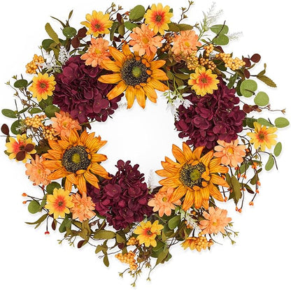 Sunflower Wreaths for Front Door, 24'' Autumn Wreath with Sunflower Hydrangeas & Leaves for Porch Window, Halloween Thanksgiving Wreaths for Home Decor