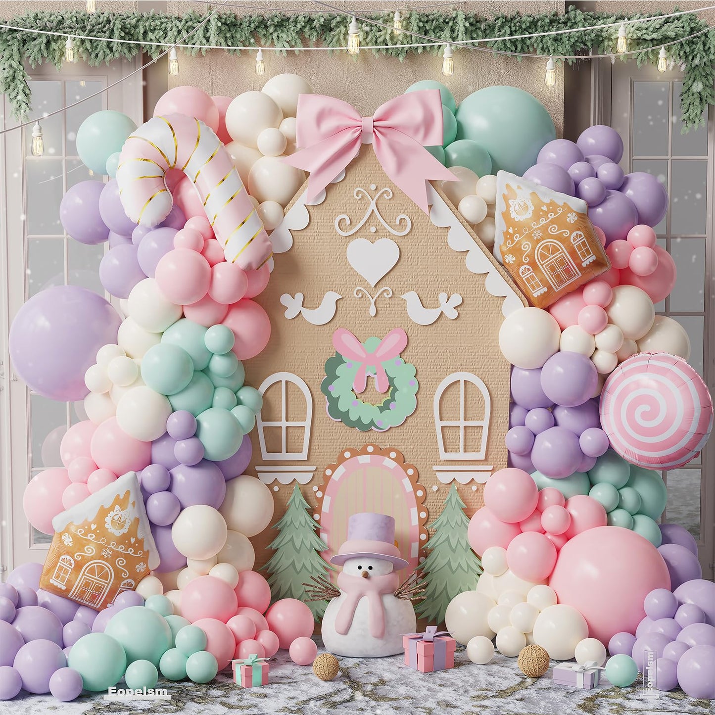 Christmas Balloon Arch Kit 147pcs Macaron Pink and Purple Balloon Garland with Gingerbread House, Candy Cane and Loliipop Foil Balloons for Gingerbread Xmas Baby Shower Birthday Party Decorations