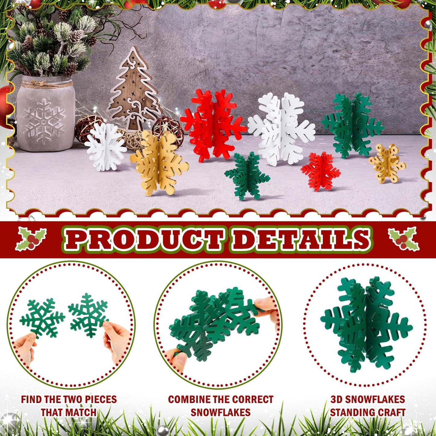 Wenqik 16 Pcs Winter Wooden Snowflake Decor Christmas Winter Snowflake Tabletop Decorations 3D Snow Table Signs Standing Centerpiece Xmas Tiered Tray Decorations for Party(Gold, White, Green, Red)
