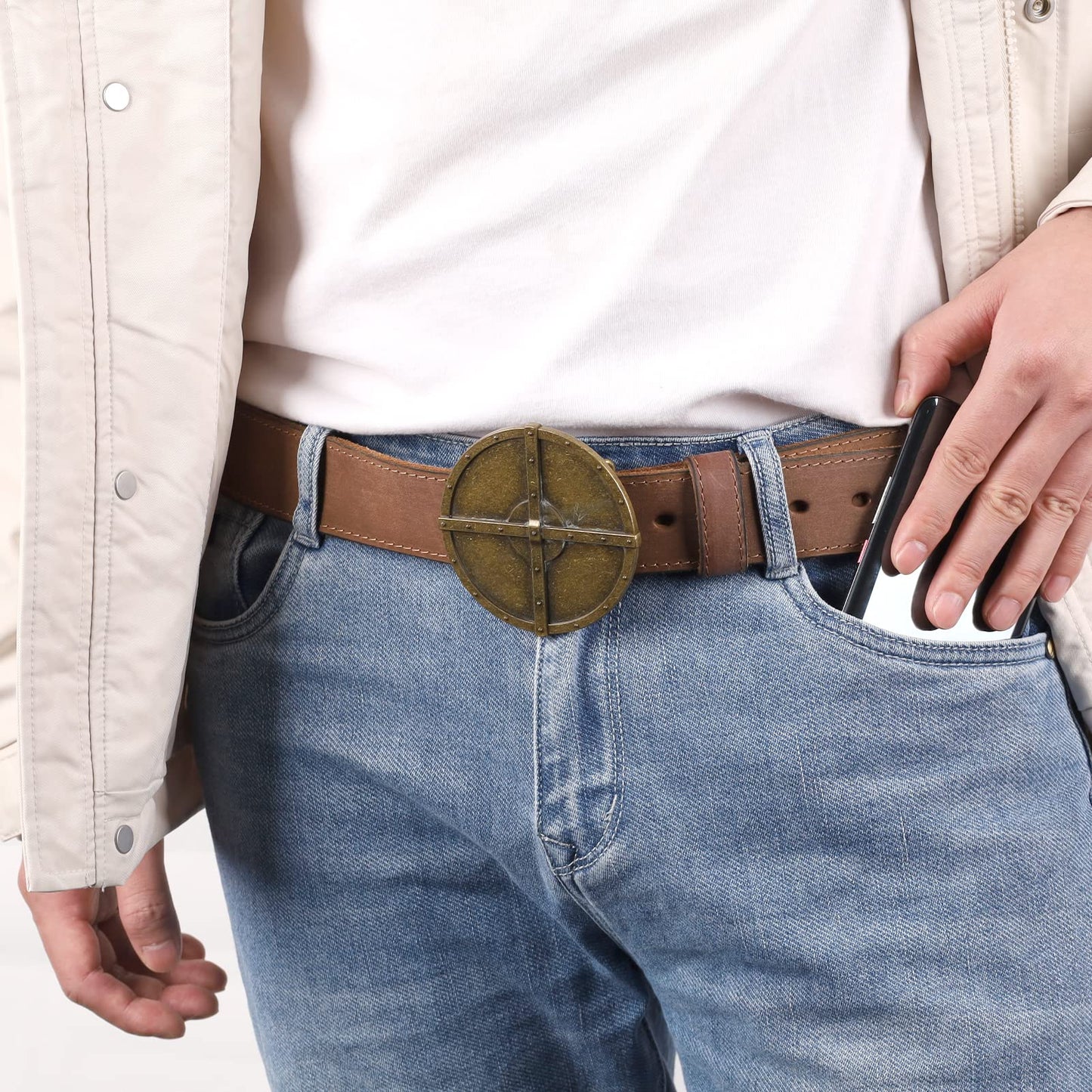 NPET Mens Leather Belt Full Grain Vintage Style, Stitches Leather Belt for Men, Snap on Strap 1 1/2" Wide