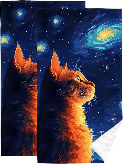 Cute Orange Cat Hand Towels Decorative Set of 2 Soft Absorbent Abstract Blue Starry Sky Bath Towels for Bathroom Farmhouse Spa Gym Yoga Home Decor, Gifts for Cat Lover 14"x28"