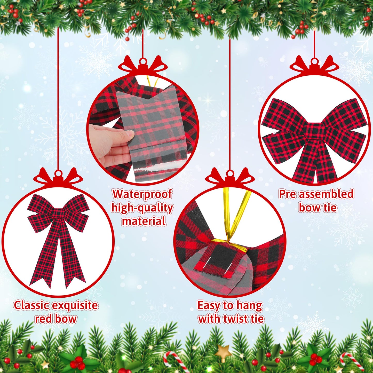 1 PCS Christmas Bows, 16x24 In Large Christmas Tree Bows, Velvet Black Red Xmas Bows for Buffalo Plaid Christmas Tree Decorations Plastic Xmas Home Party Decor Supplies for Fence Railing Stairs Door