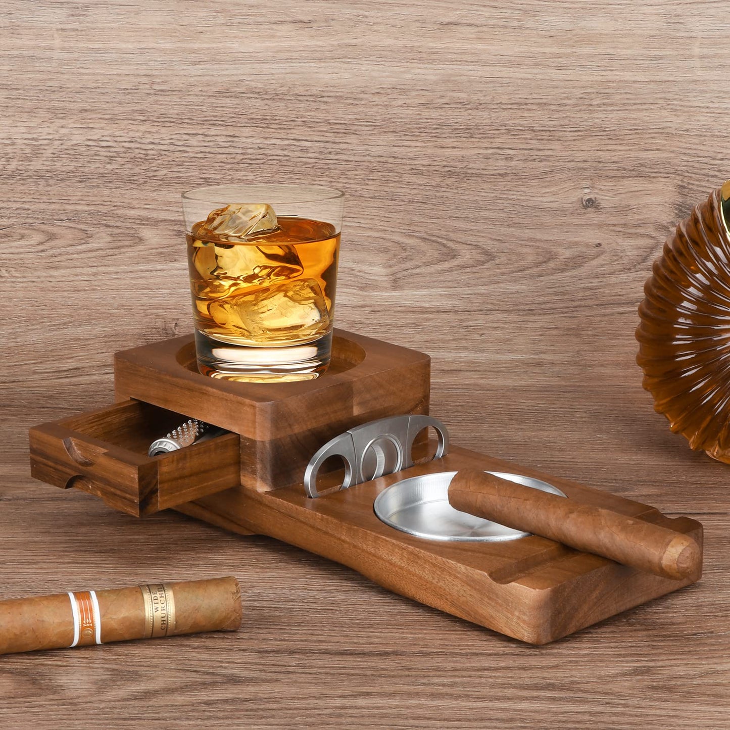 Scotte Ashtray Coaster Whiskey Glass Tray & Wooden Ash Tray with Cigar Cutter,Include Drawer and Cigar Slot Home Office Outdoor Great Cigar Accessories for Men