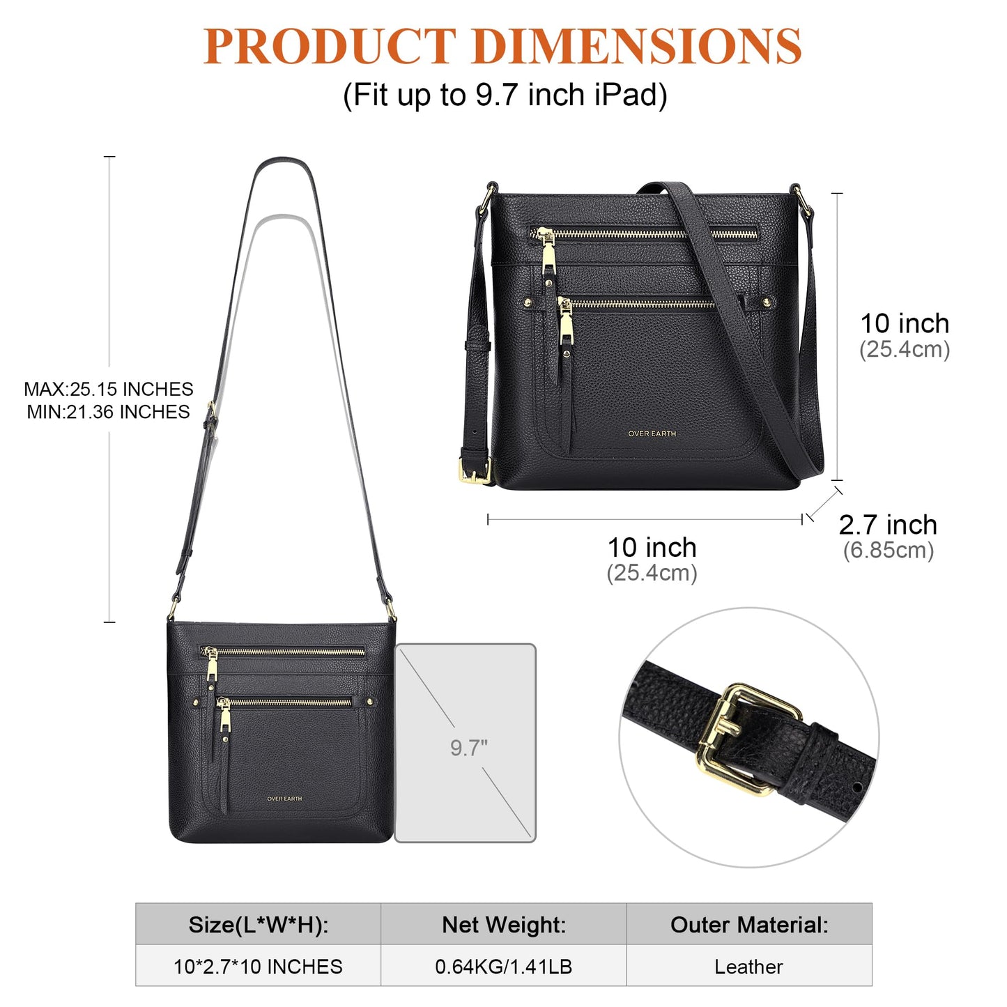 Over Earth Leather Crossbody Bags for Women Medium Shoulder Purse Multi Pocket Shoulder Handbag with Adjustable Strap(O199E Black RP)