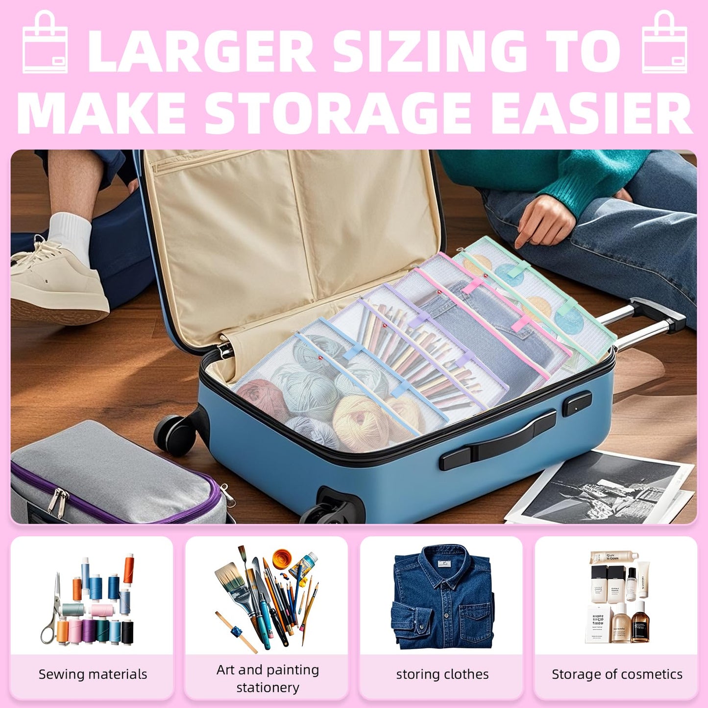 kuchisity 10 Pcs Sew Project Bags 16.5 x 16.5 Inch Back to School Quilting Craft Organizer Storage Bags with Handle and Pocket Jumbo See-Through Mesh Zipper Bags for Quilting, Knitting, Stitching