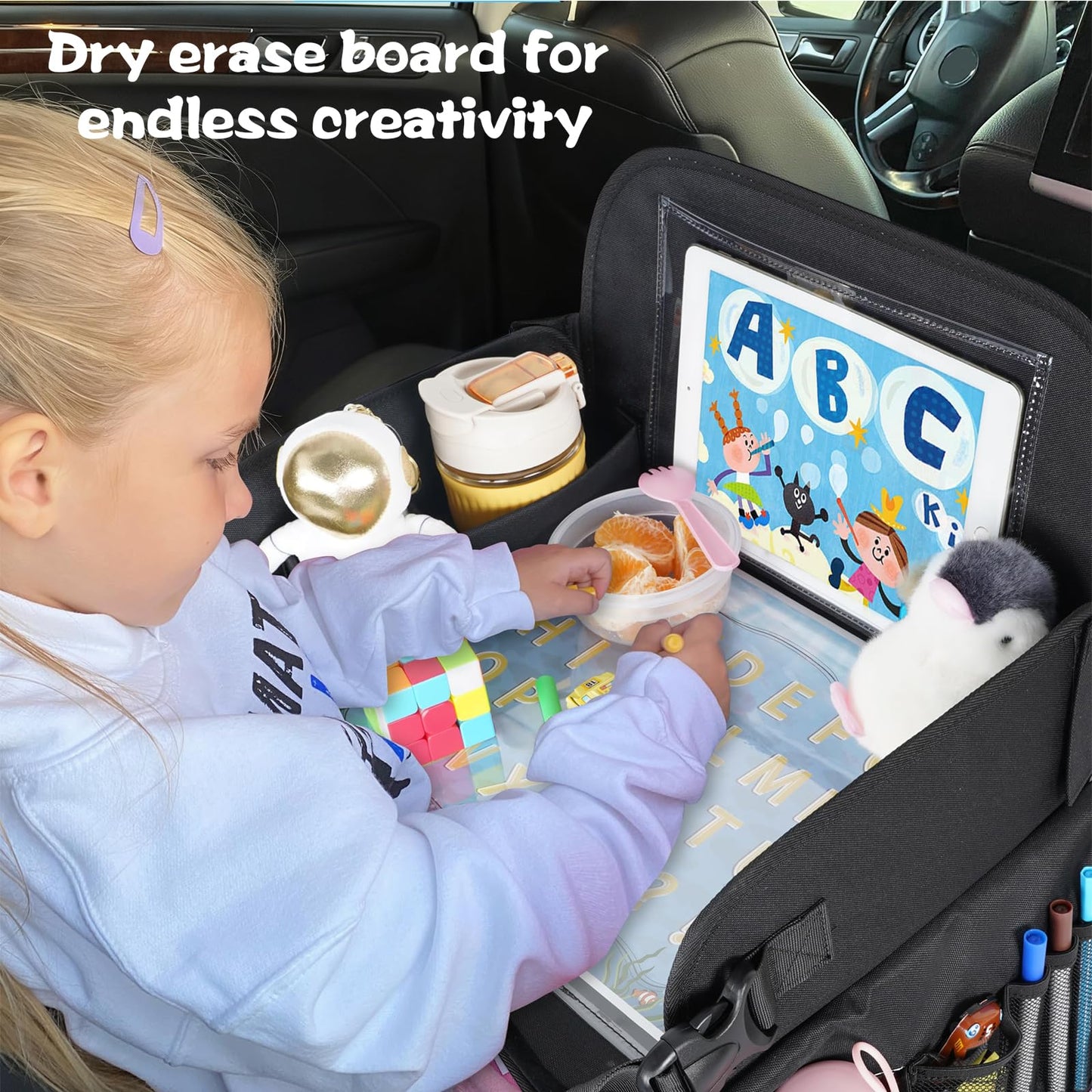 MENZOKE Kids Travel Tray, Road Trip Activities for Kids with Dry Erase Board & Cooler Cup Holder, Toddler Car Activities with No-Drop iPad Holder Stand, Roadtrip Essentials for Toddlers, Black