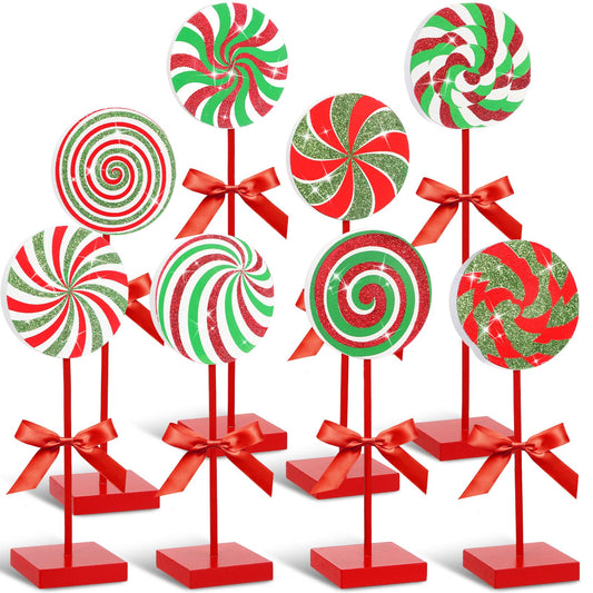Amyhill 8 Pcs Christmas Candy Wooden Tabletop Decor Glitter Xmas Candy Cane Table Centerpiece Sign for Christmas Tiered Tray Home Desk Office Party Decoration(Exquisite,Red,Green)