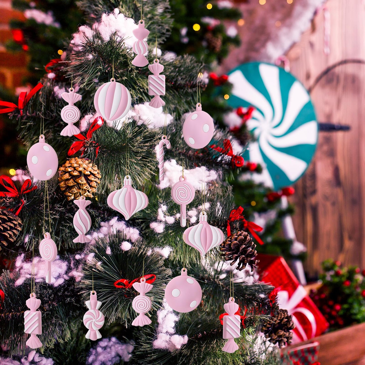 Panelee 20 Pcs Christmas Candy Tree Ornaments PVC Christmas Candy Cane Lollipop Ornament Xmas Hanging Decors Birthday Party Decoration Crafts for Holiday Xmas Tree Party (Pink and White)
