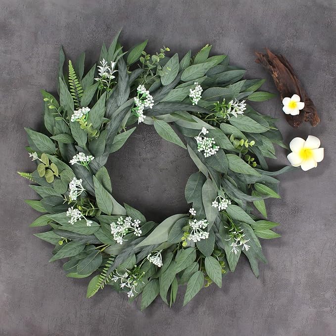 24" Wreaths Front Door Artificial Spring Wreath - Artificial Floral Lush Summer Wreath with A Hook & DIY Decor Green Year-Round Indoor Outdoor for Wall, Home, Wedding, Party, Christmas (Green)