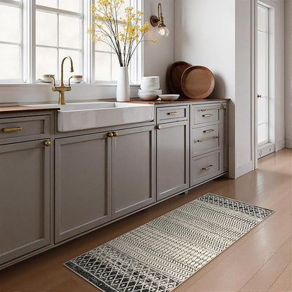 Moroccan Washable Rug for Entryway, 2x4 Black Distressed Non-Slip Door Mat Indoor Entrance, Soft Low-Pile Accent Rug Boho Area Rug for Bedroom Bathroom Kitchen