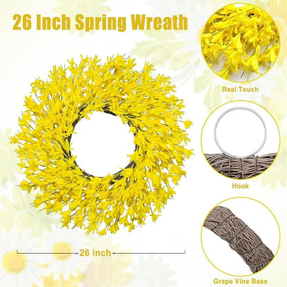 Large Summer Fall Wreaths for Front Door 26 Inch Fall Summer Door Wreath Autumn Wreaths for Front Door Wild Floral Wreath for Farmhouse Porch Wall Wedding Living Room Home Decor Aesthetic(Yellow)