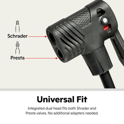 Schwinn Air Center Plus Floor Pump, For Mountain, Cruiser and Electric Bikes, 120 PSI, Soft Grip Handle, with Sports Ball Needle and Dual Head for Schrader and Presta Valves, Manual Air Pump