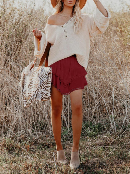 Aoudery Flowy Shorts for Women Casual Boho Ruffle Tiered Skorts High Waist Mini Skirts Golf Tennis Butterfly Crochet Shorts - Red L