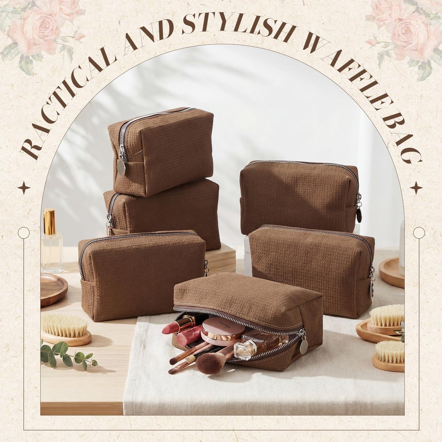 Kacctyen 6 Pcs Waffle Makeup Pouch Bag Portable Makeup Bag for Women, Cozy Waffle Cosmetic Pouch, Large Capacity Handheld Toiletry Organizer with Zipper for Bridesmaid, Wedding, Travel, Daily Use