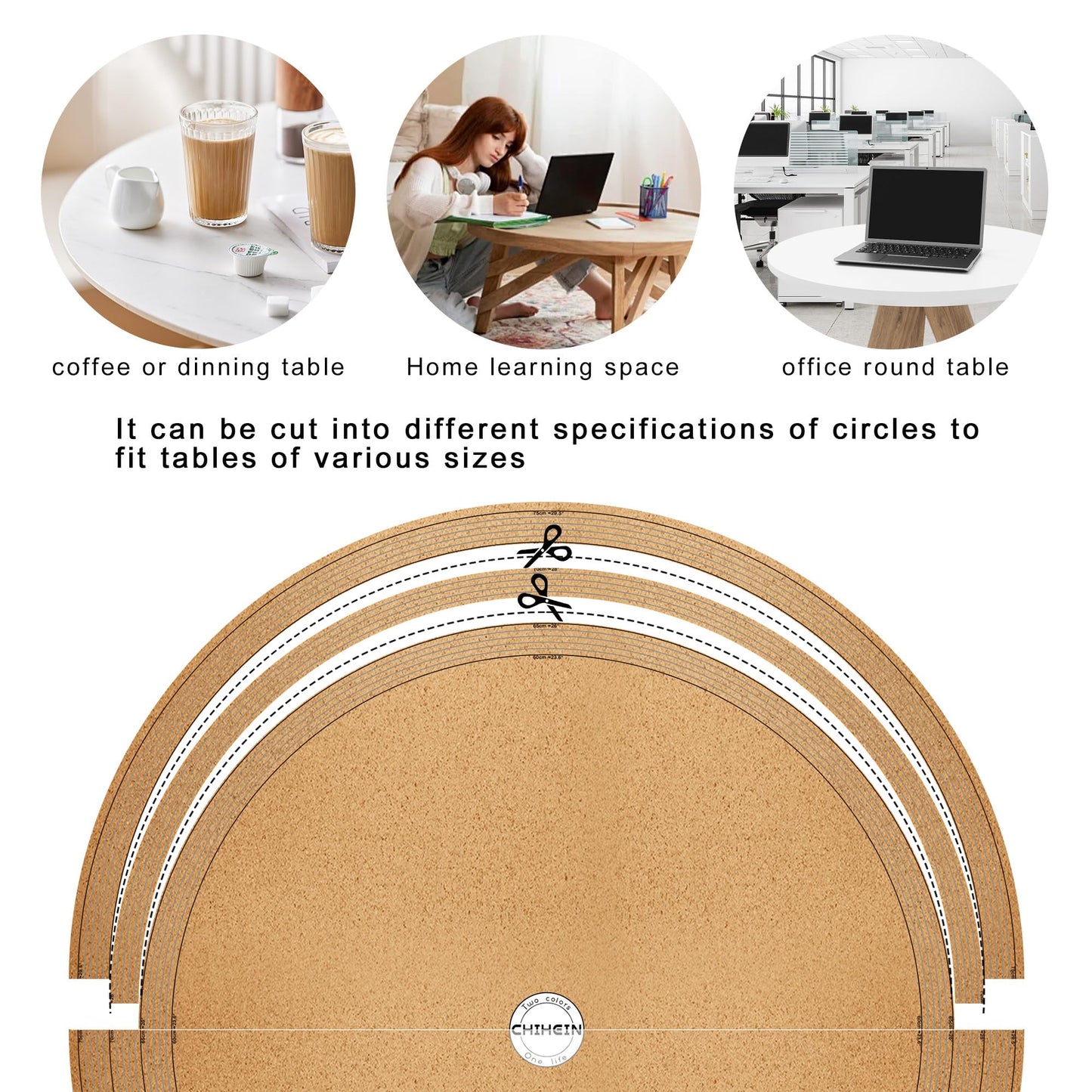 Chihein 30"/762mm/2.5ft Round Placemat with Cork & PU Leather - Can be Cut into Half Circle Dining Table Mat or The Round Table Cover with A Diameter of 24" - 30" (Black)