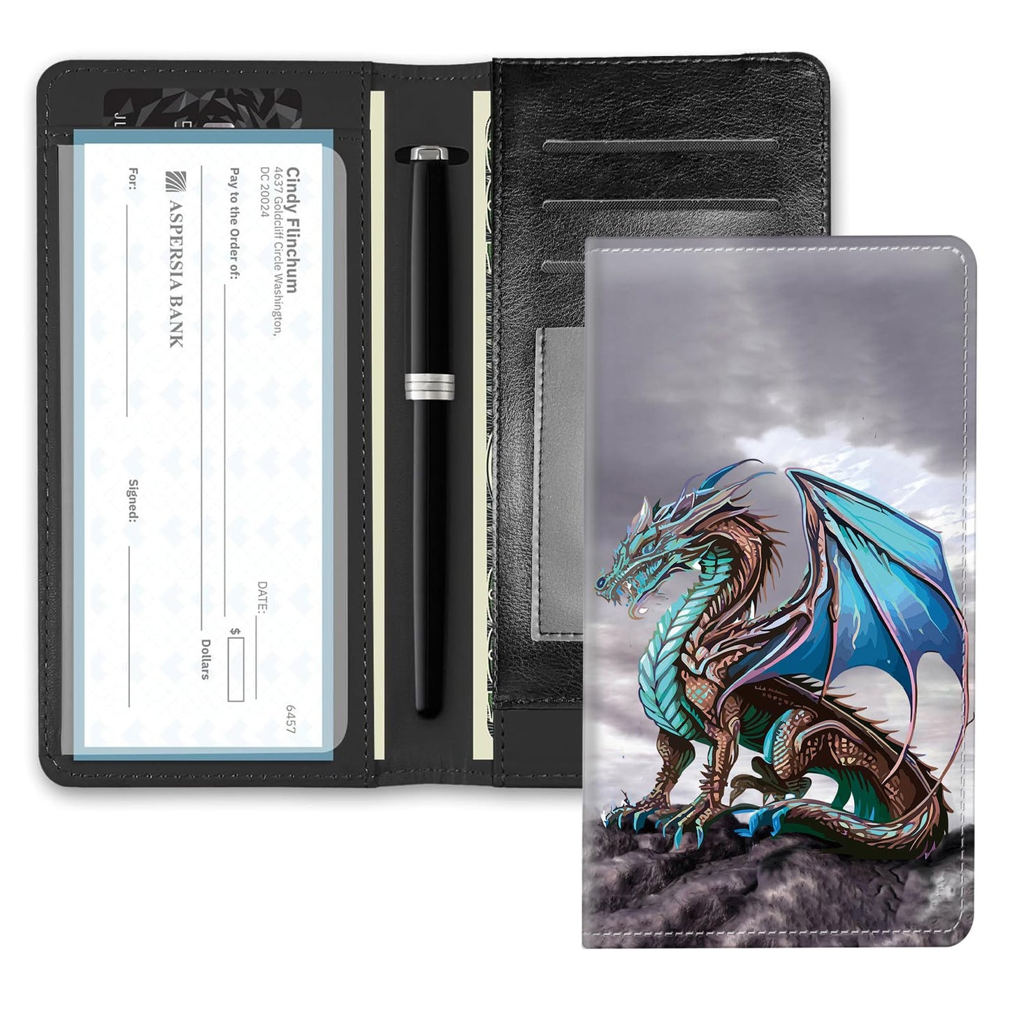 AIRWEE RFID Blocking Checkbook Cover for Women & Men, Premium PU Leather Print Wallet for Duplicate Checks, Slim Organizer with Pen Holder, Credit Card Slots & Register Compartment, Ice Dragon
