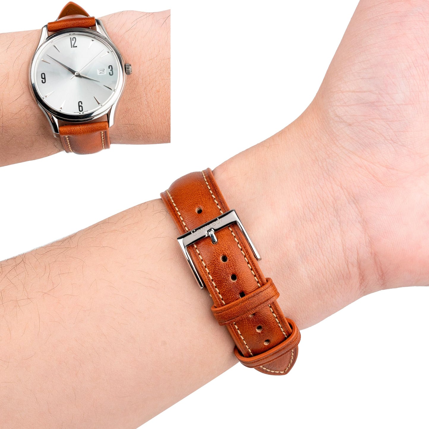 Gomvadr Quick Release Leather Watch Band, Two Tone Oil-tanned Top Grain Leather Watch Straps 18mm 20mm 21mm 22mm Replacement Watch Belt for Men Women (Cognac/Silver Buckle, 18mm)