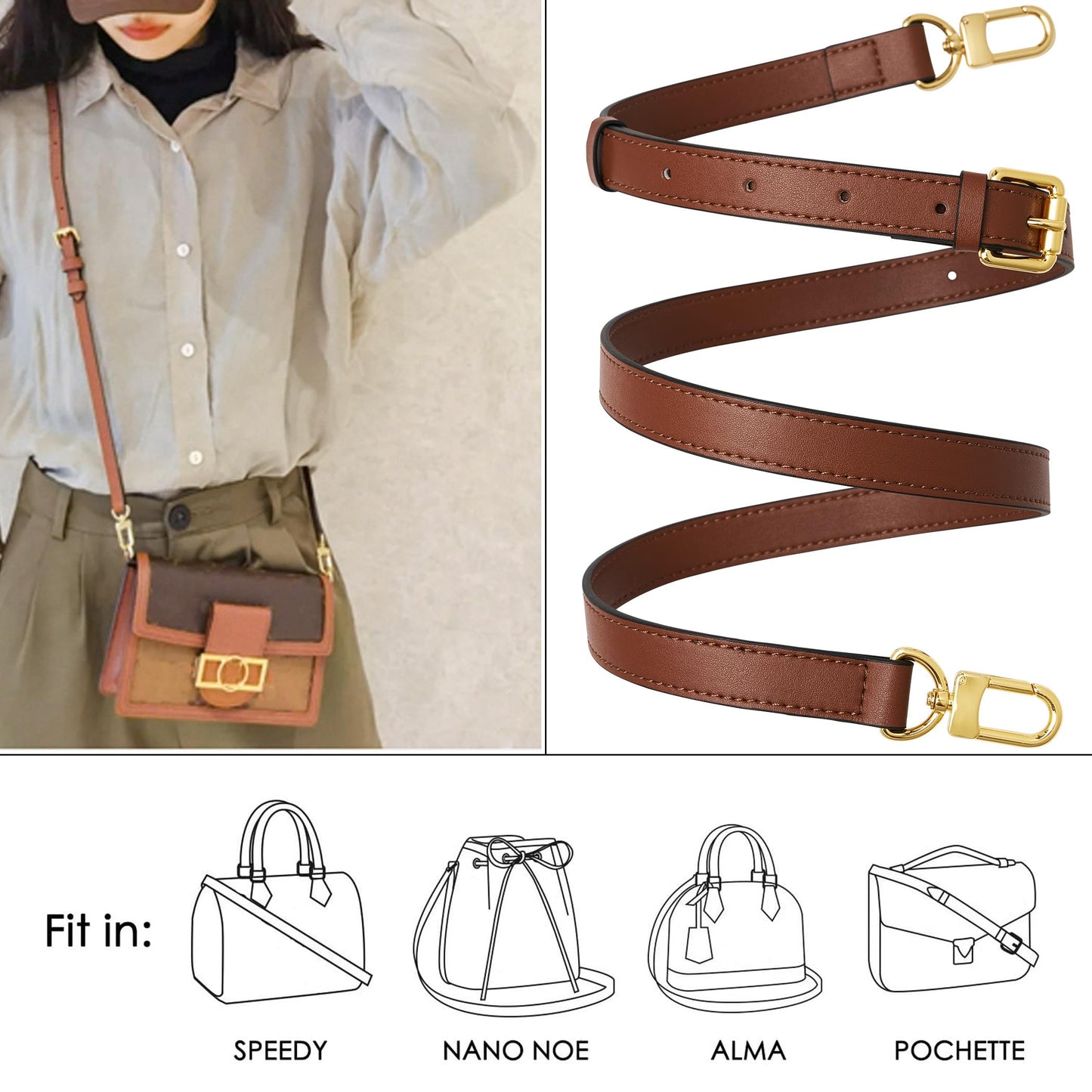 RICLVS Genuine Vachetta Leather Crossbody Strap Genuine Leather Adjustable Replacement Strap for Shoulder Bag Handbag Purse (Brown)