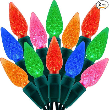 140 Strawberry One-Piece LED Christmas Lights, Pack of 2 Strands 70 Count 36 ft, High Waterproof UL Certified C6 Outdoor String Lights (Multicolor - Green Cord)