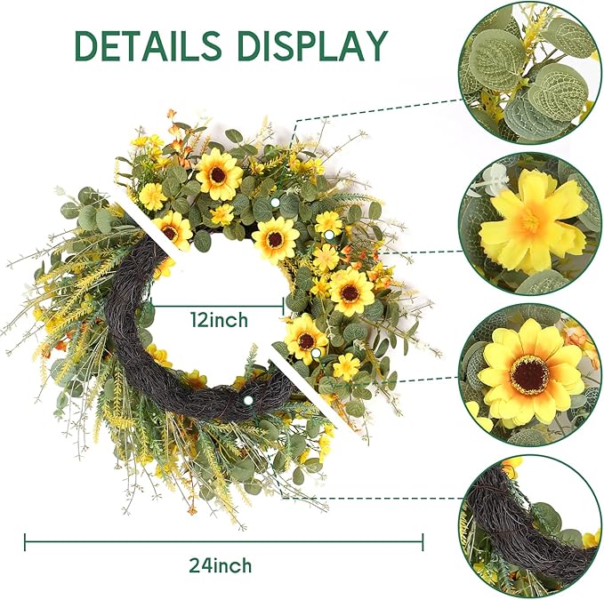 24" Sunflower Wreath for Front Door - Artificial Floral Lush Summer Wreath with Adjustable Headband & DIY Decor for Wall, Home, Wedding, Party, Christmas (Yellow)