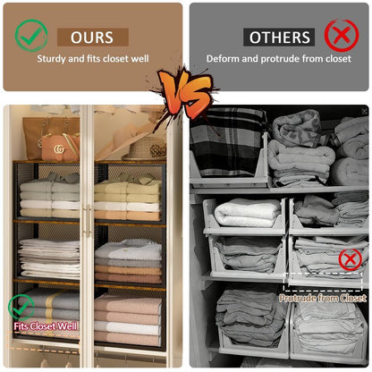3 Pack Stackable Closet Organizers and Storage Basket, Closet Shelves with Wood Top Extra Storage, Multifunctional Clothes Organizer Bins/Cube Storage Drawer for Wardrobe Kitchen Laundry Room, Black