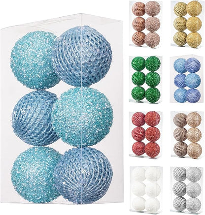 6pcs 3.94" Christmas Ball Ornaments Glitter Shatterproof Christmas Tree Ornaments Sequin Xmas Hanging Balls Decorations for Wedding Party Holiday(Light Blue)